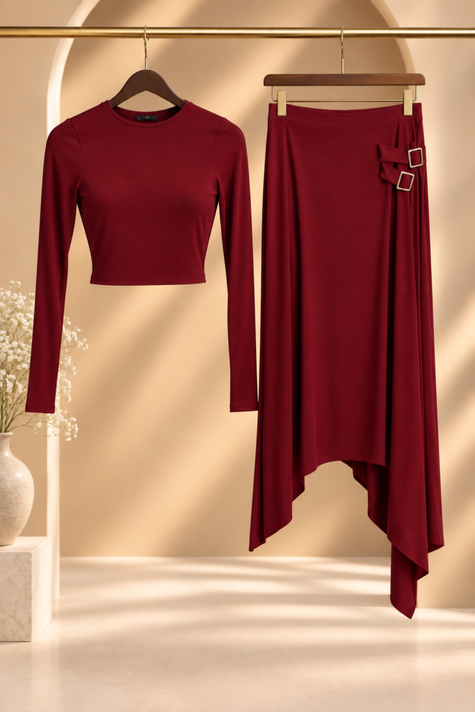 Burgundy Top & Asymmetric Skirt Set