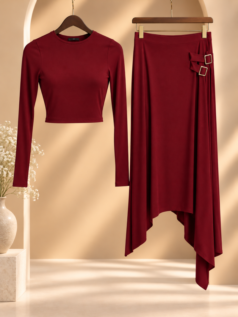 Burgundy Top & Asymmetric Skirt Set
