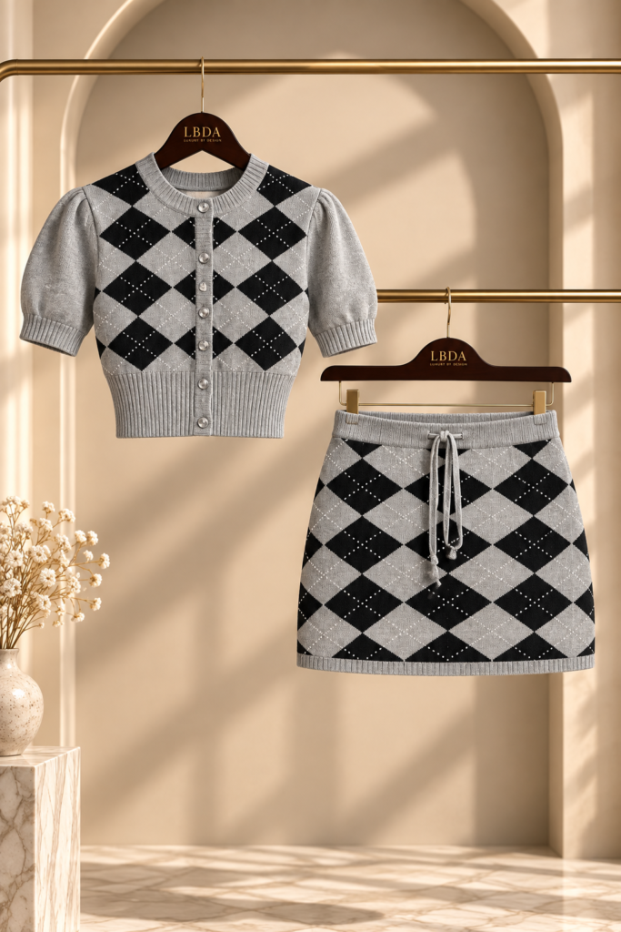 Grey Argyle Knit Skirt Set