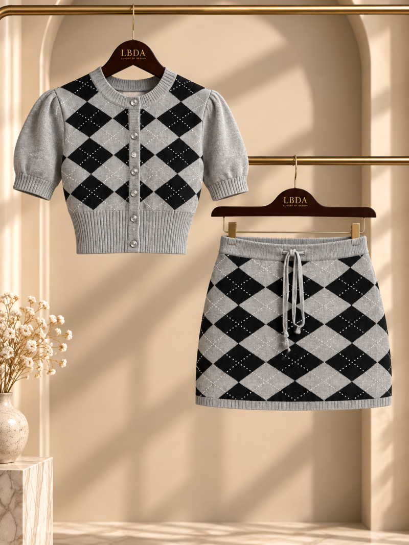 Grey Argyle Knit Skirt Set